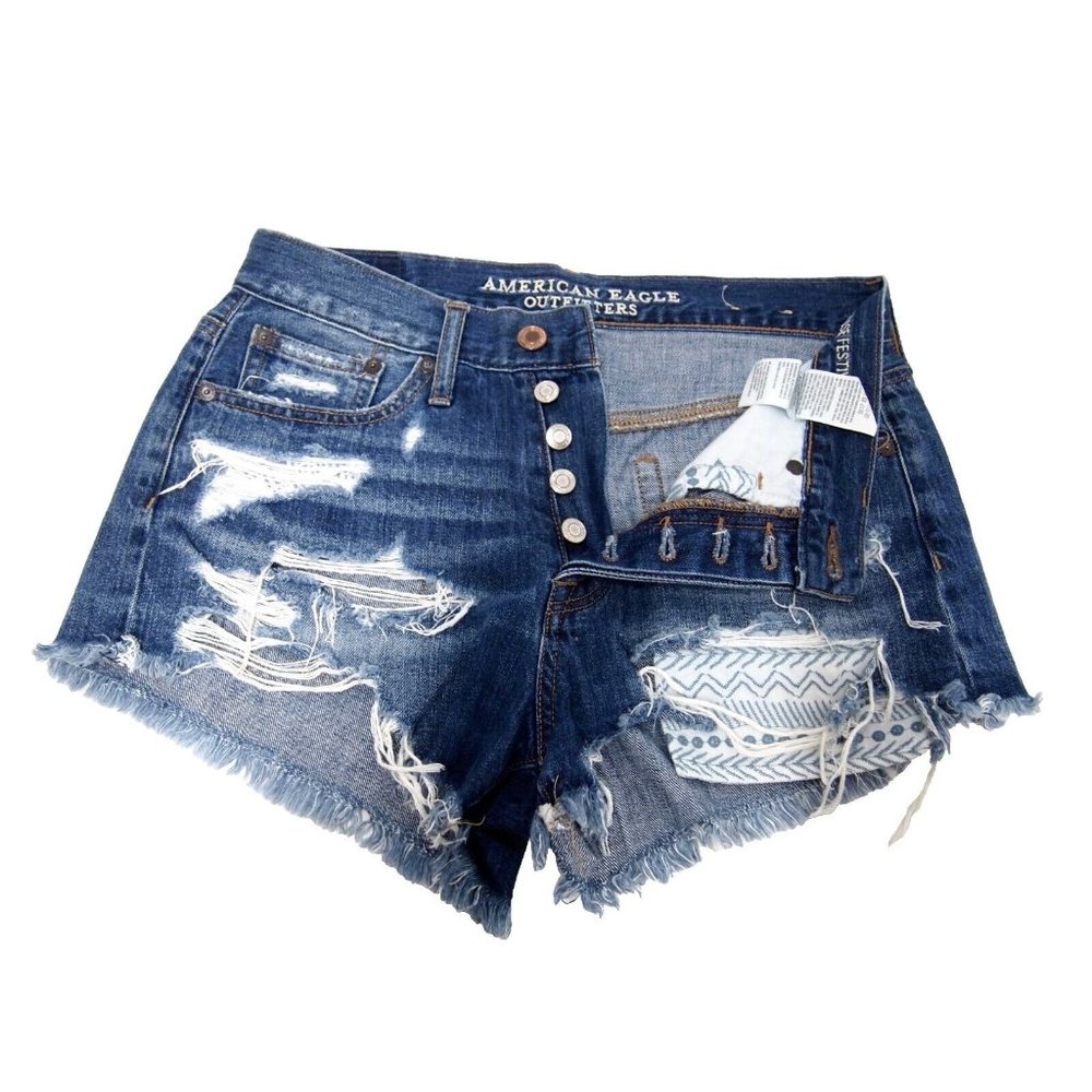 American Eagle Womens Shorts 2 Vintage Hi-Rise Festival Denim Jean Tribal Cutoff